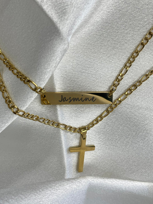 Cuban engraved necklace +cross necklace